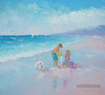 garçon et fille avec Chien sur plage Impressionnisme enfant Peinture à l'huile